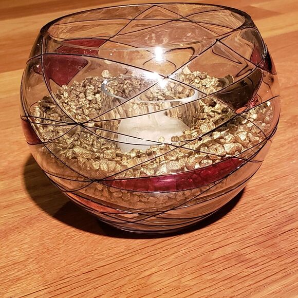 Tea Light Stained Glass Candle Holder with Gold Stones - Picture 1 of 5